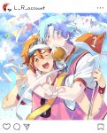  2boys alternate_costume blue_eyes blue_hair blue_sky bread closed_eyes cloud cloudy_sky flag food forehead hasegawa_langa headband highres holding holding_flag kyan_reki male_focus mouth_hold multiple_boys numbered open_mouth orange_eyes pink_vest red_hair ribbon shirt short_hair sk8_the_infinity sky smile uppi v vest white_ribbon white_shirt 