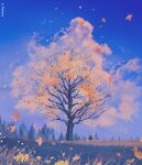  1other artist_name autumn autumn_leaves blue_sky cloud crescent_moon english_commentary falling_leaves grass landscape leaf moon nature original outdoors reinforced scenery sky solo standing tree very_wide_shot 