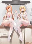  2girls absurdres alice_zuberg apron asuna_(sao) bandaid bandaid_on_pussy bare_shoulders barefoot blonde_hair braid braided_ponytail breasts brown_eyes brown_hair crossed_fingers crossed_legs feet hair_intakes highres holding holding_hands kitchen knife long_hair looking_at_viewer medium_breasts multiple_girls naked_apron necktie ninai no_bra no_panties no_shoes soles sword_art_online sword_art_online:_alicization thighhighs toes white_apron white_thighhighs yuri 