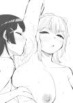  2girls absurdres arm_up blush breasts closed_eyes completely_nude greyscale hair_ornament hairclip highres higuchi_kaede huge_breasts kaiman_garupan licking licking_armpit mole mole_under_eye monochrome multiple_girls nijisanji nipples nude parted_lips ponytail sweat tongue tongue_out tsukino_mito yuri 