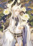  1boy absurdres animal_ears bangs blonde_hair chinese_clothes dragon facial_mark flower forehead_mark fox_boy fox_ears hair_down hair_over_shoulder hanfu highres jade_(gemstone) light_and_night_love long_sleeves longmianbushilongxumian looking_at_viewer male_focus parted_bangs qi_sili scroll sidelocks solo white_flower white_hair wide_sleeves 