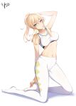  1girl argyle argyle_pants arm_up bare_arms bare_shoulders blonde_hair closed_mouth collarbone dated expressionless full_body genshin_impact grey_eyes highres jean_(genshin_impact) kneeling long_hair looking_at_viewer navel no_shoes pants ponytail sidelocks solo sports_bra stomach white_pants yu-ta 
