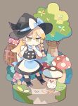  1girl @_@ baron_(x5qgeh) basket black_footwear black_headwear blonde_hair bow braid brown_background foongus full_body hat hat_bow highres kirisame_marisa mushroom outdoors pokemon pokemon_(creature) side_braid simple_background single_braid sweat touhou tree white_bow witch_hat yellow_eyes 