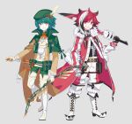  2boys armor arrow_(projectile) bangs belt beret black_hair black_shirt boots bow_(weapon) brown_shirt buttons capelet center_frills coat commentary_request cross-laced_footwear decidueye fold-over_boots frilled_shirt frills full_body fur-trimmed_coat fur-trimmed_footwear fur_trim gloves green_capelet green_hair green_headwear green_pants grey_background grin half_gloves happy hat hat_feather heel_up high_collar highres holding holding_arrow holding_bow_(weapon) holding_sword holding_weapon humanization knee_boots knee_pads kunai long_sleeves looking_at_viewer lycanroc lycanroc_(midnight) male_child male_focus medium_hair merlusa midriff_peek multicolored_hair multiple_boys navel open_clothes open_coat orange_eyes over_shoulder pants pokemon pom_pom_(clothes) pouch quiver red_coat red_eyes red_hair red_pants sharp_teeth shiny shiny_hair shirt short_hair shoulder_armor sidelocks simple_background smile standing sword tassel teeth thigh_boots thigh_strap undershirt v-shaped_eyebrows weapon weapon_over_shoulder white_footwear white_gloves white_hair white_shirt yellow_gloves 