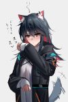  1girl animal_ear_fluff animal_ears arknights black_coat black_hair blush closed_mouth coat cosplay doctor_(arknights) doctor_(arknights)_(cosplay) grey_background highres long_hair long_sleeves multicolored_hair open_clothes open_coat red_eyes red_hair shirt shokuyou_koori simple_background sleeves_past_wrists smell solo tail tail_wagging texas_(arknights) translated two-tone_hair white_shirt wolf_ears wolf_girl wolf_tail 