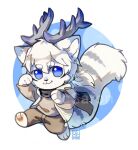  anthro asnnonaka barefoot blue_antlers blue_eyes bottomwear brown_bottomwear brown_clothing brown_pants chibi clothed clothing dated feet full-length_portrait fur glistening glistening_eyes grey_antlers grey_body grey_clothing grey_fur grey_stripes grey_topwear hair jacket looking_at_viewer male markings messy_hair no_pupils pants ponytail portrait short_hair simple_background solo striped_markings striped_tail stripes tail_markings topwear white_body white_clothing white_fur white_hair white_jacket white_topwear 