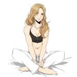  1girl bare_arms barefoot black_sports_bra breasts brown_eyes brown_hair cleavage collarbone full_body grin hair_ornament hair_scrunchie indian_style kisara_(tales) long_hair looking_at_viewer medium_breasts midriff navel pants pink_scrunchie scrunchie shiny shiny_hair sitting sketch smile solo sports_bra stomach tales_of_(series) tales_of_arise tusia white_pants 