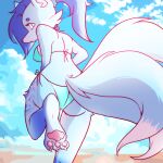  absurd_res anthro barefoot bikini biped blue_body blue_fur blue_hair breasts butt canid canine claws clothed clothing cloud digital_media_(artwork) feet female fox fur hair hi_res hindpaw looking_at_viewer looking_back looking_back_at_viewer mammal multi_tail on_one_leg outside pawpads paws pink_pawpads rear_view shaded sky solo spider_bones standing swimwear toe_claws 