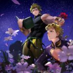  2boys abs at4190_(user_vzac7788) bare_shoulders black_shirt blonde_hair book bracelet dio_brando earrings father_and_son flower giorno_giovanna green_eyes highres holding holding_book holding_flower jacket jewelry jojo_no_kimyou_na_bouken long_hair long_sleeves looking_at_another medium_hair multiple_boys muscular muscular_male night night_sky outdoors pants pink_flower pink_jacket red_eyes red_flower red_rose rose shirt sky sleeveless star_(sky) stardust_crusaders starry_sky turtleneck vampire vento_aureo yellow_pants 