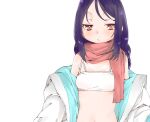  1girl akitsuki_itsuki bikini blush bra closed_mouth coat copyright_request jitome looking_at_viewer purple_hair red_eyes simple_background solo standing swimsuit two-sided_coat underwear upper_body white_background white_bikini white_bra 