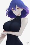  1girl arm_under_breasts artist_name blue_hair breasts closed_mouth covered_navel dress highres kinsou_no_vermeil large_breasts looking_at_viewer medium_hair multicolored_hair narrow_waist pale_skin purple_hair red_eyes ryumikooo signature simple_background sleeveless sleeveless_sweater sleeveless_turtleneck sleeveless_turtleneck_dress smile solo sweater turtleneck turtleneck_dress turtleneck_sweater two-tone_hair upper_body vermeil_(kinsou_no_vermeil) white_background 
