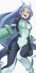 1girl :d absurdres bangs blue_bodysuit blue_eyes blue_hair bodysuit boku_no_hero_academia breasts bright_pupils covered_navel drill_hair fengling_(furin-jp) hadou_nejire highres long_hair medium_breasts open_mouth simple_background smile solo superhero thigh_strap twin_drills very_long_hair white_background white_pupils 