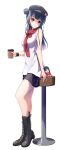  1girl absurdres alternate_costume amagi_(volfuji) black_footwear black_headwear blue_hair boots breasts cabbie_hat character_doll cross-laced_footwear cup dark_blue_hair disposable_cup full_body hair_bun hat highres holding holding_cup lace-up_boots looking_at_viewer love_live! love_live!_sunshine!! medium_breasts red_scarf ribbed_shirt scarf shirt simple_background single_side_bun sleeveless sleeveless_shirt solo standing stool tsushima_yoshiko white_background 