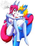  absurd_res anthro blonde_hair blue_body blue_eyes blue_fur blue_penis blush blush_lines breasts canid canine carry_position carrying carrying_partner chest_tuft cute_fangs duo female fluffy fluffy_tail fox fur genitals gloves_(marking) hair heterochromia hi_res hyro_soriuki khblacky97 male male/female mammal markings multicolored_body multicolored_fur penetration penis pink_body pink_hair pussy raised_tail red_eyes shion_ikigai simple_background smile tail_hug tuft vaginal vaginal_penetration white_background white_body white_fur 