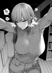 1girl blush breasts denim greyscale half-closed_eyes heart heart-shaped_pupils highres ice_reizou indoors jeans large_breasts looking_at_viewer monochrome original pants ribbed_sweater solo steam sweatdrop sweater sweater_tucked_in symbol-shaped_pupils thought_bubble wooden_floor 