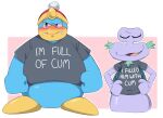  angry anthro avian bird blue_body blue_feathers blush clothing duo embarrassed english_text escargoon feathers gastropod hat headgear headwear hi_res humor king_dedede kirby_(series) male male/male mollusk nintendo novelty_clothing penguin purple_body snail st6377 suggestive_shirt text video_games 