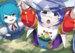  2girls :d absurdres bangs blue_bow blue_eyes blue_hair bow cirno dauchimk_1 dress from_above highres holding looking_up multicolored_clothes multicolored_dress multiple_girls open_mouth patchwork_clothes short_hair smile tenkyuu_chimata touhou 