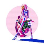  1girl bodysuit brand_name_imitation exhaust_pipe full_body helmet highres hover_vehicle jet_ski joon_ahn long_sleeves looking_back motorcycle_helmet original pink_bodysuit shadow simple_background standing 