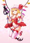  1girl armpits babydoll blonde_hair breasts cleavage crystal flandre_scarlet floating garter_belt garter_straps hat hat_ribbon highres laevatein_(touhou) lingerie mary_janes mayonaka_taruho medium_hair mob_cap one_side_up red_eyes red_footwear red_ribbon ribbon shoes smile solo thighhighs touhou underwear white_headwear white_thighhighs wings wrist_cuffs 