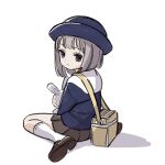  1girl backpack bag chihiro_(juusan_kihei_bouei_ken) child expressionless grey_eyes grey_hair hat highres holding holding_stuffed_toy juusan_kihei_bouei_ken kindergarten_bag kindergarten_uniform kneehighs loafers looking_at_viewer looking_back medium_hair nnn-ollll school_hat shoes shoulder_bag simple_background sitting sketch skirt socks solo stuffed_animal stuffed_bunny stuffed_toy wariza white_background 