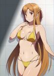  1girl asuna_(sao) bikini breasts brown_eyes brown_hair cleavage large_breasts long_hair navel puge solo swimsuit sword_art_online tagme yellow_bikini 