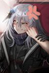  1girl 1other absurdres annoyed bangs black_gloves black_jacket black_scarf cheek_pinching closed_mouth girls&#039;_frontline gloves grey_eyes grey_hair hand_on_another&#039;s_cheek hand_on_another&#039;s_face hand_on_another&#039;s_hand highres jacket jewelry long_hair looking_at_viewer medallion necklace nyto_(girls&#039;_frontline) open_clothes open_jacket paradeus pinching scarf simple_background sitting solo tareus_(girls&#039;_frontline) teardrop upper_body whoseit 