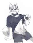  anthro asnnonaka blep bottomwear canid cheek_tuft clothed clothing clothing_lift collar erection facial_tuft genitals glans head_tuft hi_res humanoid_genitalia humanoid_penis leaning leaning_back looking_at_viewer male mammal monochrome narrowed_eyes nipples penis poking_out shirt shirt_lift simple_background sitting solo tongue tongue_out topwear tuft unsigned 