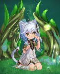  absurdres animal_ears bangs bare_shoulders bloomers bracelet cat_ears cat_girl cat_tail clenched_hands cross-shaped_pupils dress fang female_child full_body genshin_impact gold_trim gradient_hair green_background green_eyes green_hair hair_ornament highres jewelry kemonomimi_mode leaf loentar long_hair moss multicolored_hair mushroom nahida_(genshin_impact) nekomimi_mode_(tsukuyomi) on_grass open_mouth paw_pose pointy_ears roots seelie_(genshin_impact) side_ponytail sitting solo stirrup_footwear tail toeless_footwear underwear wariza white_dress white_footwear white_hair 