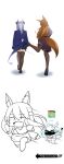  2girls absurdres animal_ears arknights black_hair black_skirt brown_hair chibi dragon_girl dragon_horns dragon_tail fang fox_ears fox_girl fox_tail franka_(arknights) from_behind glycine_bleumer grey_hair grey_shirt highres horns kicking liskarm_(arknights) lycoris_recoil multiple_girls open_mouth parody ponytail running scene_reference shirt simple_background skin_fang skirt tail to_be_continued white_background xperiajoker 