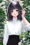  1girl :o bangs black_eyes black_hair floral_background flower hand_up long_hair long_sleeves looking_at_viewer meola open_mouth original shirt upper_body white_flower white_shirt 