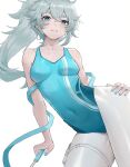  1girl aqua_hair aqua_nails athletic_leotard bad_anatomy bangs bare_shoulders blue_eyes blue_leotard blush breasts collarbone covered_navel di_qi_gang_guang feet_out_of_frame girls&#039;_frontline gymnastics_ribbon hand_on_own_thigh highres holding holding_wand leotard long_hair looking_at_viewer medium_breasts nail_polish official_alternate_costume open_mouth pa-15_(dance_in_the_ice_sea)_(girls&#039;_frontline) pa-15_(girls&#039;_frontline) pantyhose parted_lips ponytail sitting solo thighs wand white_background white_pantyhose 