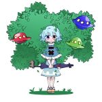  1girl :o blue_capelet blue_eyes blue_hair brown_footwear capelet cross-laced_clothes full_body geta gram_9 heterochromia holding holding_umbrella karakasa_obake leaf looking_at_viewer open_mouth purple_umbrella red_eyes short_hair simple_background solo standing tatara_kogasa touhou tree ufo umbrella v_arms white_background wild_and_horned_hermit 