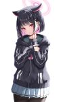  1girl absurdres animal_ears black_hair black_pantyhose blue_archive cat_ears colored_inner_hair hair_ornament hairclip halo highres hood hood_down hooded_jacket jacket kazusa_(blue_archive) long_sleeves looking_at_viewer multicolored_hair ncontrail_(mgax7527) neckerchief pantyhose pink_hair pink_neckerchief pleated_skirt red_eyes short_hair sidelocks simple_background skirt solo white_background white_skirt 