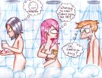  amy_wong comedy_central convenient_censorship cyclops female futurama group hair human male mammal nude orange_hair philip_j._fry purple_hair shower trio turanga_leela water 