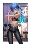  1girl absurdres armpits blue_hair blush bottle breasts breath crossed_arms earrings exercise_machine flat_chest green_ribbon grey_eyes gym hair_ornament hair_ribbon highres hololive hoshimachi_suisei indoors jagoo jewelry looking_at_viewer multicolored_hair pants plant ribbon small_breasts sports_bra sportswear star_(symbol) star_hair_ornament stomach stretching sweat two-tone_hair virtual_youtuber water_bottle weights 