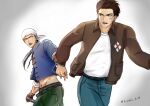  2boys bandana blue_shirt brown_eyes brown_hair brown_jacket chinese_clothes cuffs denim gradient gradient_background handcuffs hazuki_ryou highres jacket jeans jewelry kizuki96 leather leather_jacket looking_at_another multiple_boys muscular muscular_male necklace open_mouth pants patch ren_wu_ying running shenmue shenmue_the_animation shirt signature spiked_hair tooth_necklace white_bandana white_shirt 