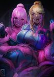  2girls black_sclera blonde_hair blue_bodysuit blue_eyes bodysuit breasts cleavage colored_sclera company_connection corruption crossover ditto doppelganger english_commentary heterochromia highres horror_(theme) huge_breasts long_hair monster_girl multiple_girls nintendo pokemon pokemon_(creature) pony red_eyes samus_aran selfcest skin_tight slime_girl solo_focus tentacles torn_bodysuit torn_clothes xuuikie_ashe yuri zero_suit 