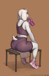  2022 4_fingers anthro big_butt biped boss_monster bottle bovid breasts brown_background butt caprine chelodoy claws clothing digital_media_(artwork) female finger_claws fingers footwear fur goat hi_res horn looking_back mammal shoes simple_background sitting sneakers socks solo sportswear toriel under_boob undertale undertale_(series) video_games white_body white_fur 
