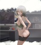  1girl ass bangs black_pantyhose black_shorts blurry blurry_background blush breasts commentary croque_(girls&#039;_frontline_nc) dressing feet_out_of_frame from_side girls&#039;_frontline girls&#039;_frontline_neural_cloud grey_hair hair_ornament hairpin kneeling looking_at_viewer medium_breasts monitor open_mouth pantyhose shirt short_hair shorts sideboob solo thatob yellow_eyes 