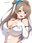  1girl :d black_choker bra breasts brown_hair choker cleavage elbow_gloves gloves hair_rings large_breasts long_hair looking_at_viewer love_live! love_live!_school_idol_project minami_kotori smile solo sports_bra twitter_username underwear upper_body white_bra white_gloves yellow_eyes yua_(argaoffroad) 