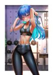  1girl absurdres armpits arms_up blue_hair blush bottle breasts breath earrings exercise_machine flat_chest green_ribbon grey_eyes gym hair_ornament hair_ribbon highres hololive hoshimachi_suisei indoors jagoo jewelry looking_at_viewer multicolored_hair pants plant ribbon small_breasts sports_bra sportswear star_(symbol) star_hair_ornament stomach sweat two-tone_hair virtual_youtuber water_bottle weights 