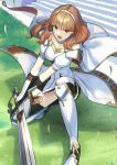  1girl absurdres armored_boots bare_shoulders black_shorts black_thighhighs boots breasts cape celica_(fire_emblem) cleavage commission dress fighting_stance fire_emblem fire_emblem_echoes:_shadows_of_valentia foreshortening grass highres holding holding_sword holding_weapon long_hair looking_at_viewer open_mouth red_eyes red_hair serious short_shorts shorts skeb_commission sleeveless solo souto_(0401) squatting stairs sword thighhighs tiara v-shaped_eyebrows weapon white_cape white_dress 