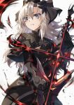  1girl absurdres balmung_(fate/apocrypha) black_capelet black_dress black_flower black_headwear black_rose blonde_hair breasts capelet dress fate/grand_order fate_(series) flower funeral_dress grey_eyes highres kriemhild_(fate) long_hair looking_away medium_breasts mole mole_under_eye one_heart1201 rose simple_background solo veil white_background 
