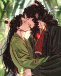  2boys absurdres adam&#039;s_apple artist_name bamboo black_hair chinese_clothes closed_eyes day hair_ornament highres hug kiss long_hair looking_at_another luo_binghe male_focus multiple_boys outdoors ren_zhafan_paijizu_xitong shen_qingqiu sol_(http_wanning) yaoi 