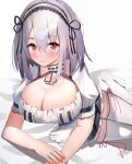  1girl aa44 absurdres anchor_choker apron azur_lane breasts cleavage frilled_apron frills hair_between_eyes highres lace-trimmed_hairband lace_trim large_breasts lying on_side puffy_short_sleeves puffy_sleeves red_eyes short_hair short_sleeves sirius_(azur_lane) solo thighhighs white_apron white_hair white_thighhighs zettai_ryouiki 