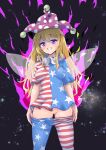  1girl absurdres american_flag_dress american_flag_legwear blonde_hair blush clothes_pull clownpiece dress fairy fairy_wings grin hair_between_eyes hat highres hits_(hitstts) jester_cap long_hair pantyhose pantyhose_pull pink_eyes pink_headwear polka_dot polka_dot_headwear pussy smile solo star_(symbol) star_print striped striped_dress striped_pantyhose touhou wings 