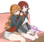  2girls book book_on_lap brown_hair couch emma_verde freckles green_eyes hair_ornament happy highres konoe_kanata long_hair looking_at_another love_live! love_live!_nijigasaki_high_school_idol_club monowe multiple_girls pillow purple_eyes school_uniform smile table yuri 