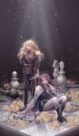  2girls absurdres black_footwear blonde_hair cape chess_piece chessboard cross cross_earrings crying earrings epaulettes flower flower_sogeum gold_trim green_eyes grey_background highres holding holding_knife jewelry knife knight_(chess) long_hair medea_solon multiple_girls parted_lips pawn_(chess) psyche_callista purple_eyes reflection sitting standing yellow_flower your_throne 