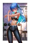  1girl absurdres armpits blue_hair blush bottle breasts breath closed_mouth crossed_arms earrings exercise_machine flat_chest green_ribbon grey_eyes gym hair_ornament hair_ribbon highres hololive hoshimachi_suisei indoors jagoo jewelry looking_away multicolored_hair pants plant ribbon small_breasts sports_bra sportswear star_(symbol) star_hair_ornament stomach stretching sweat two-tone_hair virtual_youtuber water_bottle weights 