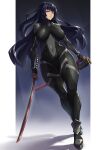  1girl bangs black_bodysuit black_hair blunt_bangs bodysuit breasts covered_navel dutch_angle highres holding holding_sword holding_weapon impossible_bodysuit impossible_clothes katana large_breasts long_hair original packge ryoko_yamaguchi skin_tight solo sword weapon 